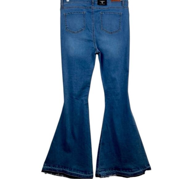 Lucky & Blessed Distressed Button Fly High Waist Mid Wash Flare Jeans NWT - Picture 9 of 15